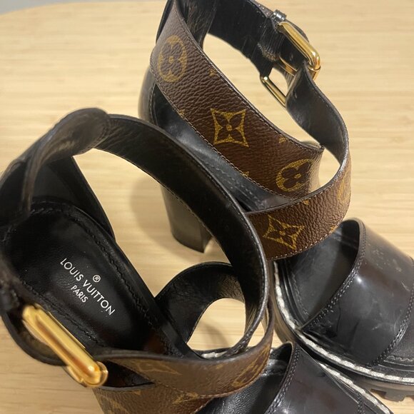 Louis Vuitton Black & Monogram Canvas Heels Star Trail Sandals Size 36 - Picture 4 of 10